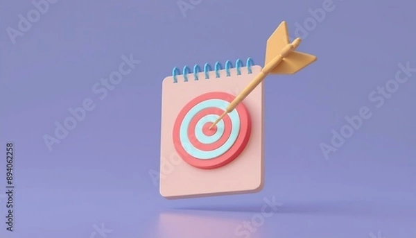 Fototapeta notepad with bull's eye arrow sign 3d render concept for business and financial goals target