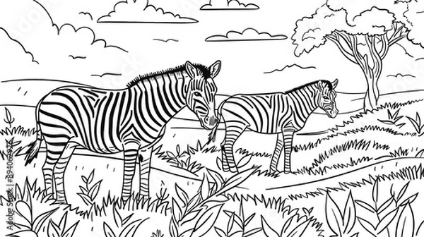 Fototapeta kids coloring book pageZebras grazing on grasslandsheavy line art, clean line art, simple, only line