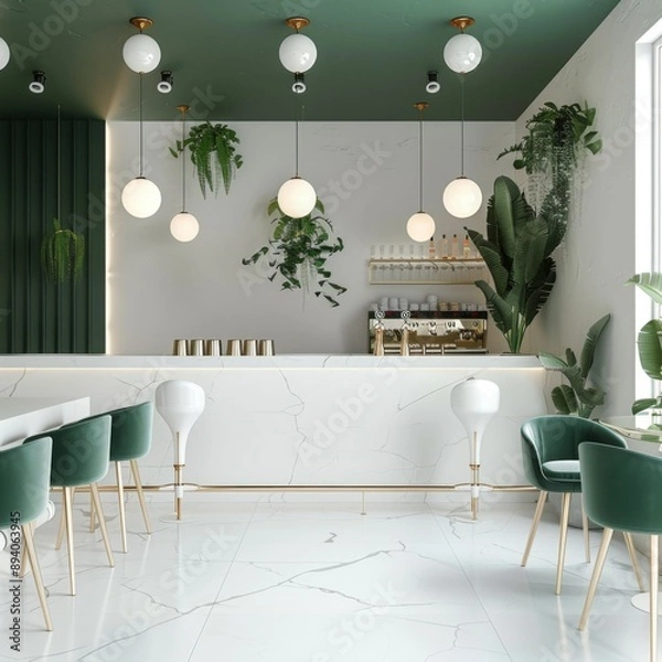 Fototapeta Minimalist white and green cafe with an elegant bar counter