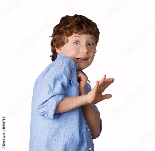 Fototapeta Scared Boy. Isolated on white background