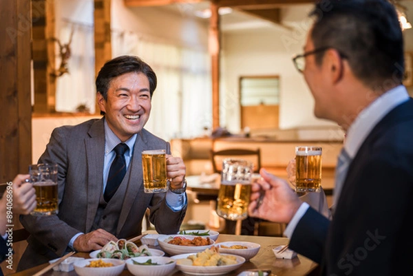 Obraz 居酒屋で忘年会・新年会・飲み会・宴会をする仕事仲間・同僚・上司部下の男女
