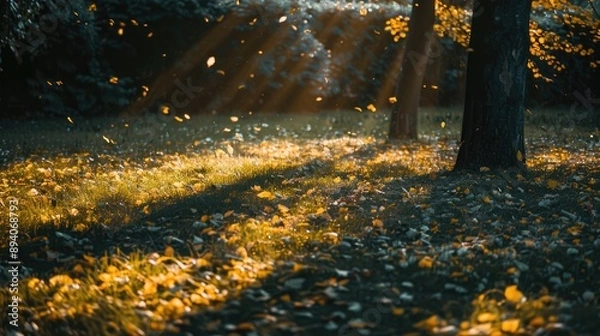 Fototapeta Autumn sunset scene with yellow leaves on grass and tree shadows