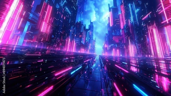 Fototapeta A digital landscape of neon lights and futuristic structures, resembling a city from a sci-fi novel. 32k, full ultra HD, high resolution