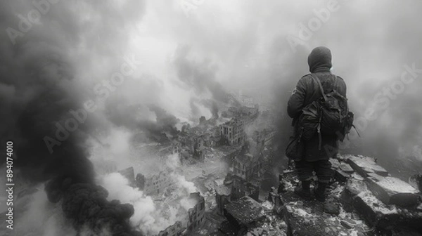 Fototapeta An emotional photo of a soldier from the Second Great War: a tragic wartime experience, a compelling portrait reflecting the depth of suffering and heroism in the struggle for freedom.