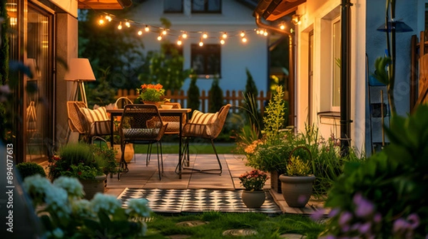 Fototapeta Charming garden patio with wrought iron furniture, potted plants, and soft string lights as the sun sets
