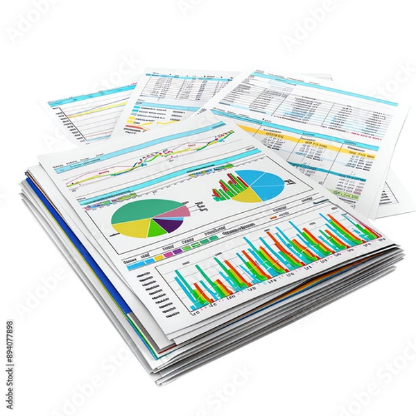 Fototapeta Stack of detailed financial reports with colorful charts and graphs, showcasing business data and statistics.