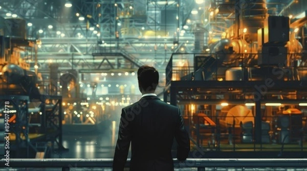 Fototapeta Businessman overseeing a smart factory, hightech and efficient, modern industrial management