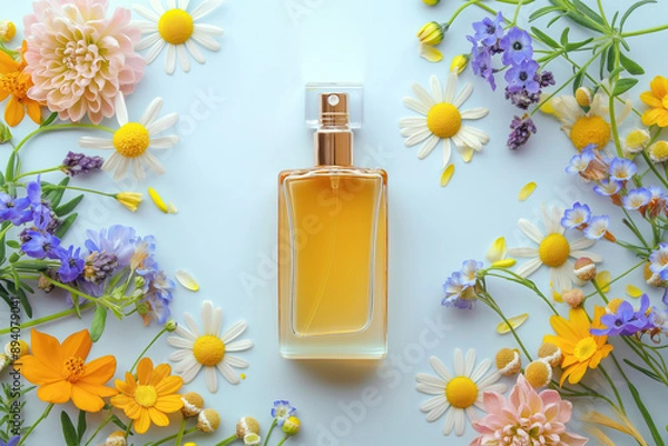 Fototapeta Bottle of perfume with beautiful different flowers on blue background, flat lay