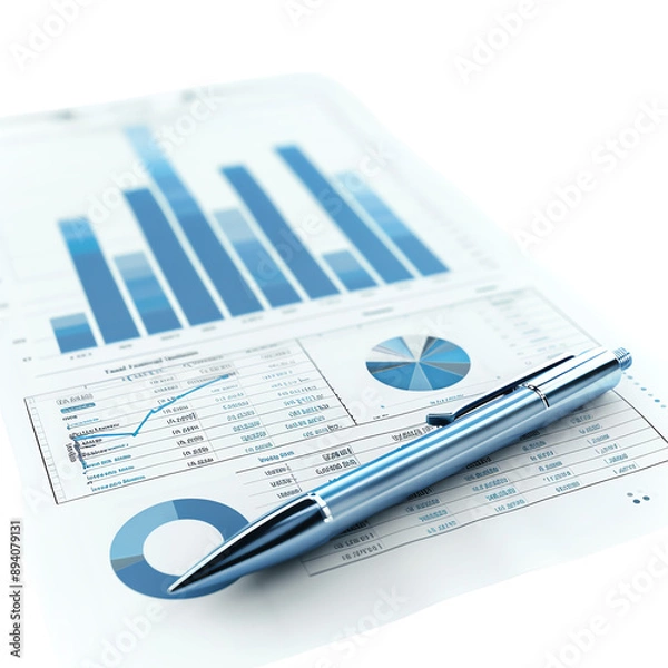 Fototapeta Business financial document with graphs and charts. Pen on paper displaying data analysis, statistics, and financial performance insights.