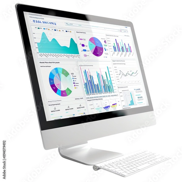 Fototapeta Modern computer displaying various analytics and data visualizations, ideal for presentations and business reports.