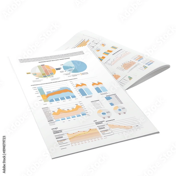 Fototapeta Open financial report with colorful graphs and charts, showing data analysis, business trends, and statistics. Ideal for corporate presentations.