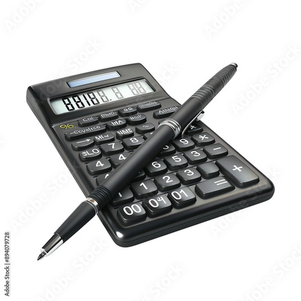 Fototapeta Black calculator and pen on a white background, ideal for business, accounting, finance, and calculations. Perfect for office and educational use.