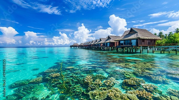 Obraz Tropical island resort with overwater bungalows surrounded by vibrant coral gardens, under a clear blue sky and fluffy white clouds