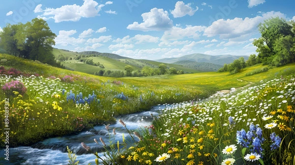 Fototapeta Verdant spring meadow dotted with wildflowers, a gentle stream flowing under a bright blue sky, rolling hills in the background