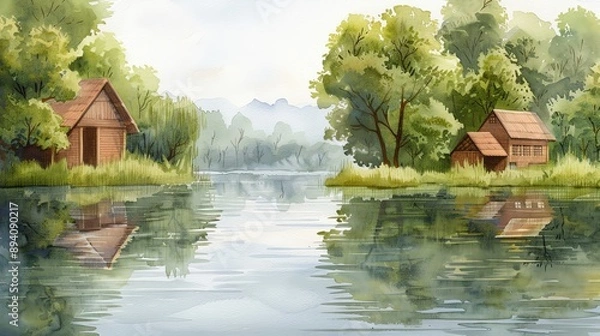 Fototapeta Serene lakeside scenery with cozy cabins and lush greenery, reflecting on calm waters, perfect for nature and tranquility lovers.