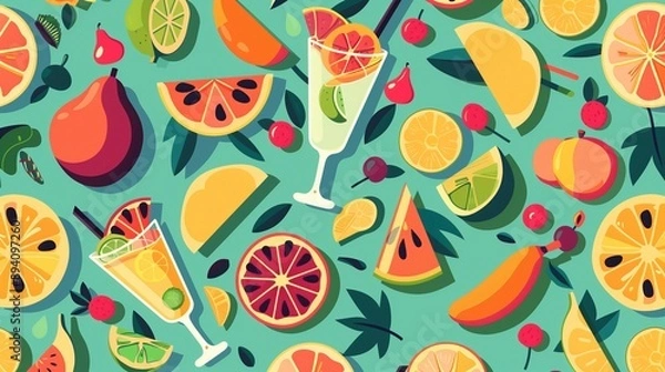 Fototapeta A vibrant summer pattern of colorful fruits and refreshing drinks like watermelons, lemons, and cocktails!