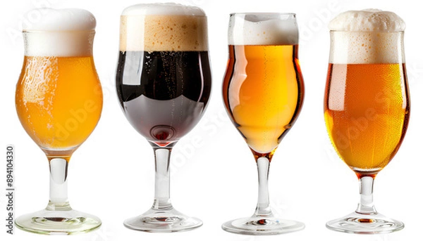 Fototapeta Different kinds of beer in beer mugs isolated on transparent background