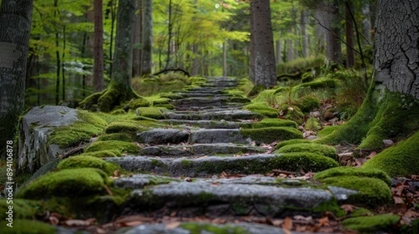 Obraz Scenic Mossy Forest Path with Stone Steps