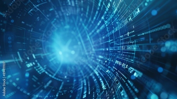 Fototapeta Abstract blue technology background with digital grid pattern, futuristic business concept with geometric shapes and light effects