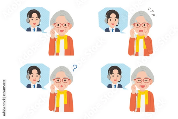 Fototapeta オペレーターと固定電話で通話するシニア　表情セット