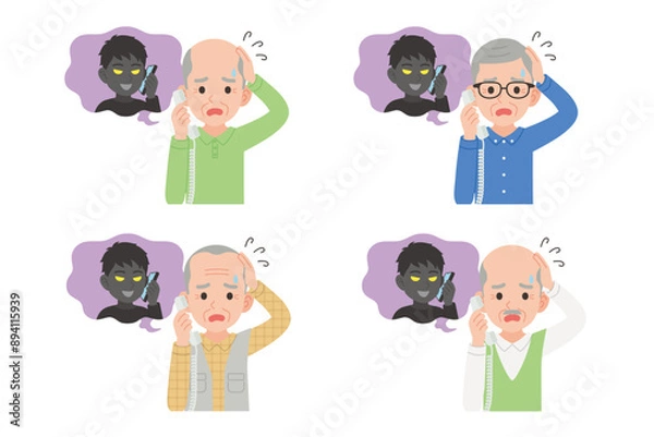 Obraz 詐欺師と固定電話で通話するシニア　表情セット