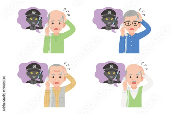 Obraz 詐欺師と固定電話で通話するシニア　表情セット