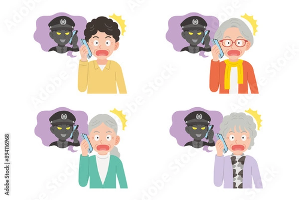 Obraz 詐欺師とスマホで通話するシニア　表情セット