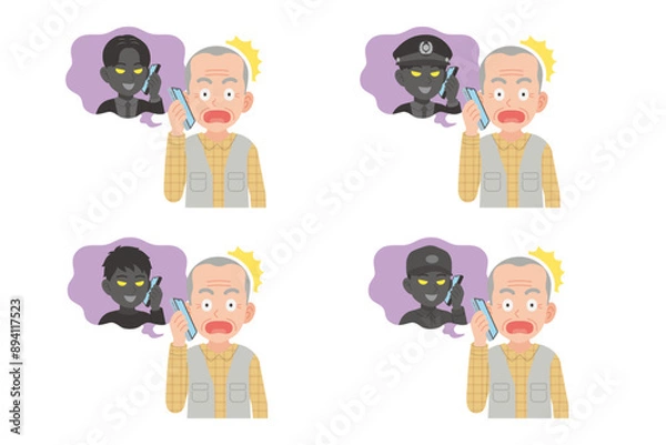 Obraz 詐欺師とスマホで通話するシニア　表情セット