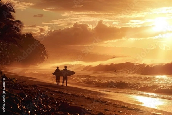 Obraz Surf buddies observe big breaking waves from a sandy beach at Playa Venao during sunset. The orange glow of the sky and serene atmosphere add to the beauty of their tropical surf trip experience.