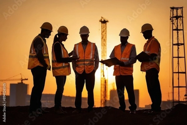 Fototapeta Construction workers silhouetted against setting sun