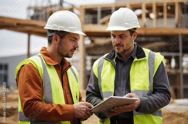Fototapeta Two construction workers wearing hard hats and vests examine blueprints on tablet
