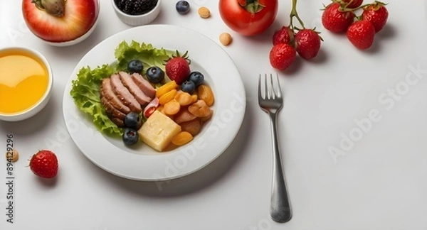 Fototapeta Top view Balanced diet food on white background with copy space 