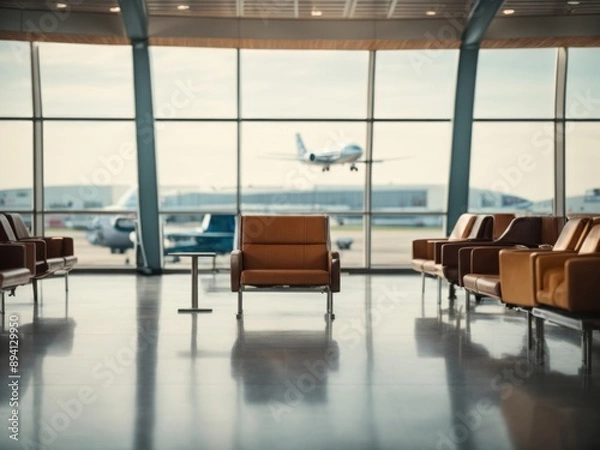 Fototapeta Empty airport terminal lounge with airplane on background