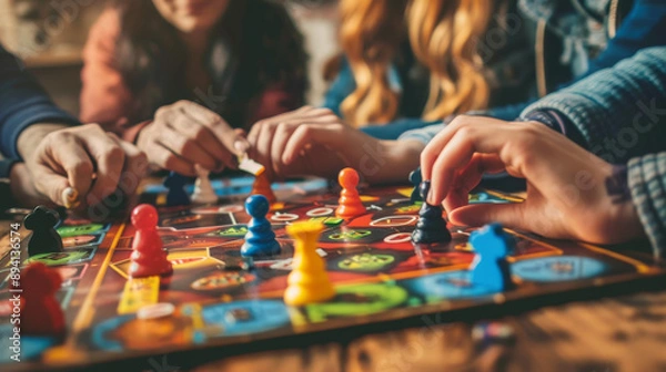 Fototapeta Depict a cozy board game night with friends gathered around a table playing a logic-based board game. 