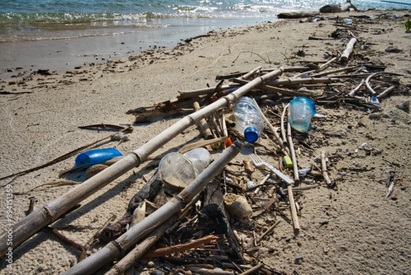 Obraz A stunning beach on Sumatra, overshadowed by the reality of modern pollution. The contrast of natural beauty with discarded plastics highlights the urgent need for environmental conservation.