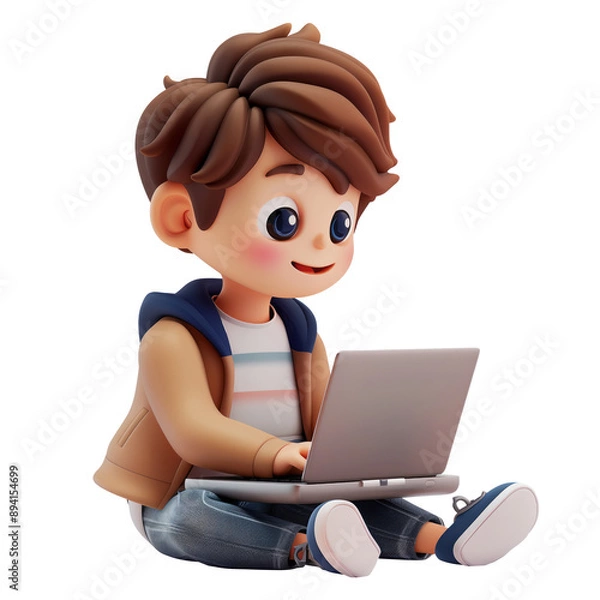 Fototapeta 3D Boy with Laptop Computer-2, on isolated transparent background