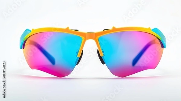 Fototapeta Sporty wraparound sunglasses with tinted lenses, vibrant summer colors, isolated on white background, highresolution, dynamic and active look, closeup shot
