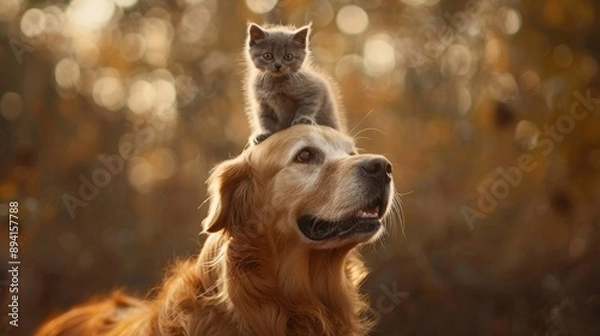 Fototapeta A cute kitten comfortably perched on a golden retriever's head, both outdoors with a warm, blurred background.