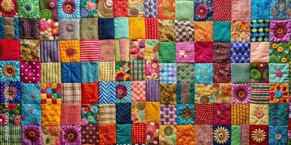 Fototapeta A colorful patchwork quilt with various patterns and textures, patchwork, quilt, colorful, fabric, handmade, sewing, craft