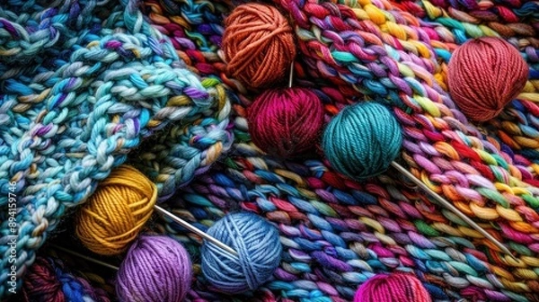 Fototapeta Hobby Knitting with colorful wool and needles on flat surface