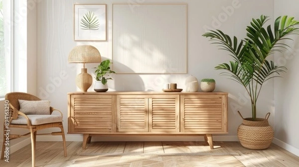 Fototapeta Scandinavian living room with wooden sideboard, table lamp, rattan basket, plants, and elegant decor. Mockup poster frame template.
