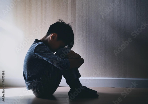 Obraz 膝を抱えて落ち込む子供のイメージ