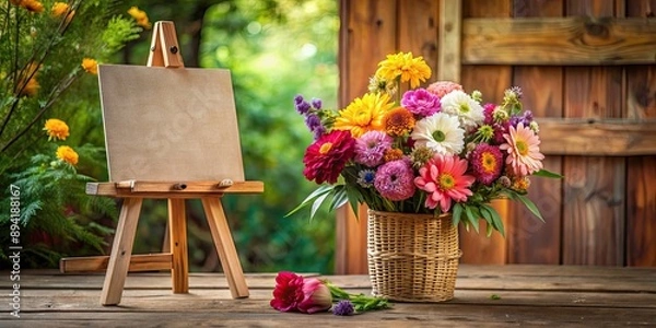 Fototapeta Easel with colorful flowers in a rustic setting, art, painting, blooms, floral, bouquet, vibrant, creative, display, decor