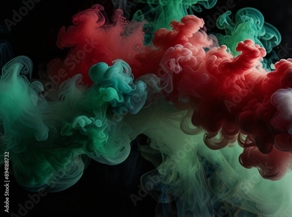 Fototapeta Atmospheric smoke, abstract color background, close-up. Colorful smoke background. White, Green and red colors in black.