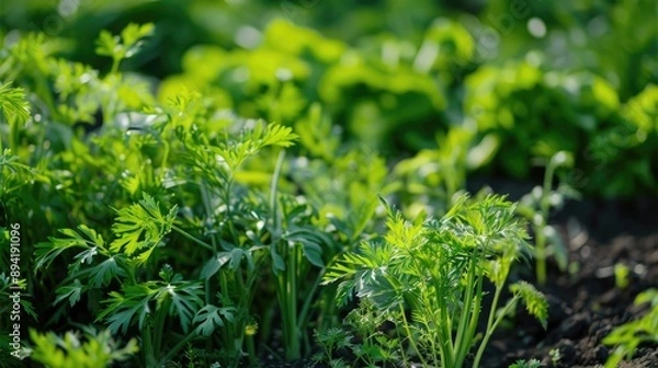 Fototapeta Carrot foliage in the field