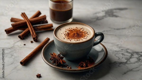 Fototapeta Warm chai latte with spices and cinnamon on marble table