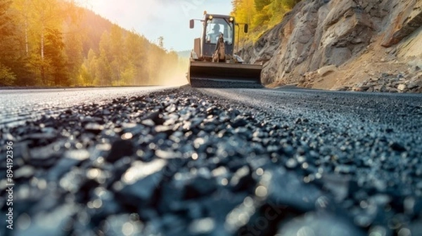 Fototapeta Road construction with a roller machine in the background.