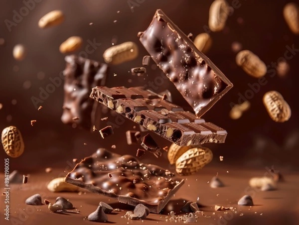 Fototapeta Chocolate bar wafer falling with choc flake in the air isolated on background, peanut crispy snack, dessert sweet concept - ai