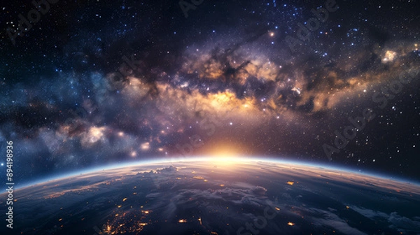 Obraz A breathtaking view of Earth from space with the Milky Way galaxy in the background. Highlights the beauty of the cosmos and our planet's place in it