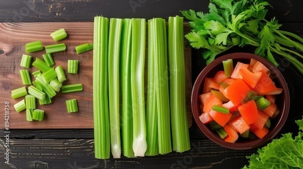 Fototapeta Fresh celery stalks, chopped celery, and a bowl of diced tomatoes with herbs on a wooden cutting board, perfect for a healthy diet.